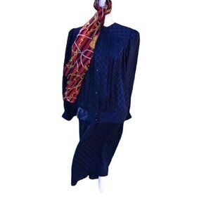 Pure Argenti Skirt Blouse Scarf Set Womens Size 10 Navy Checkerboard Pattern